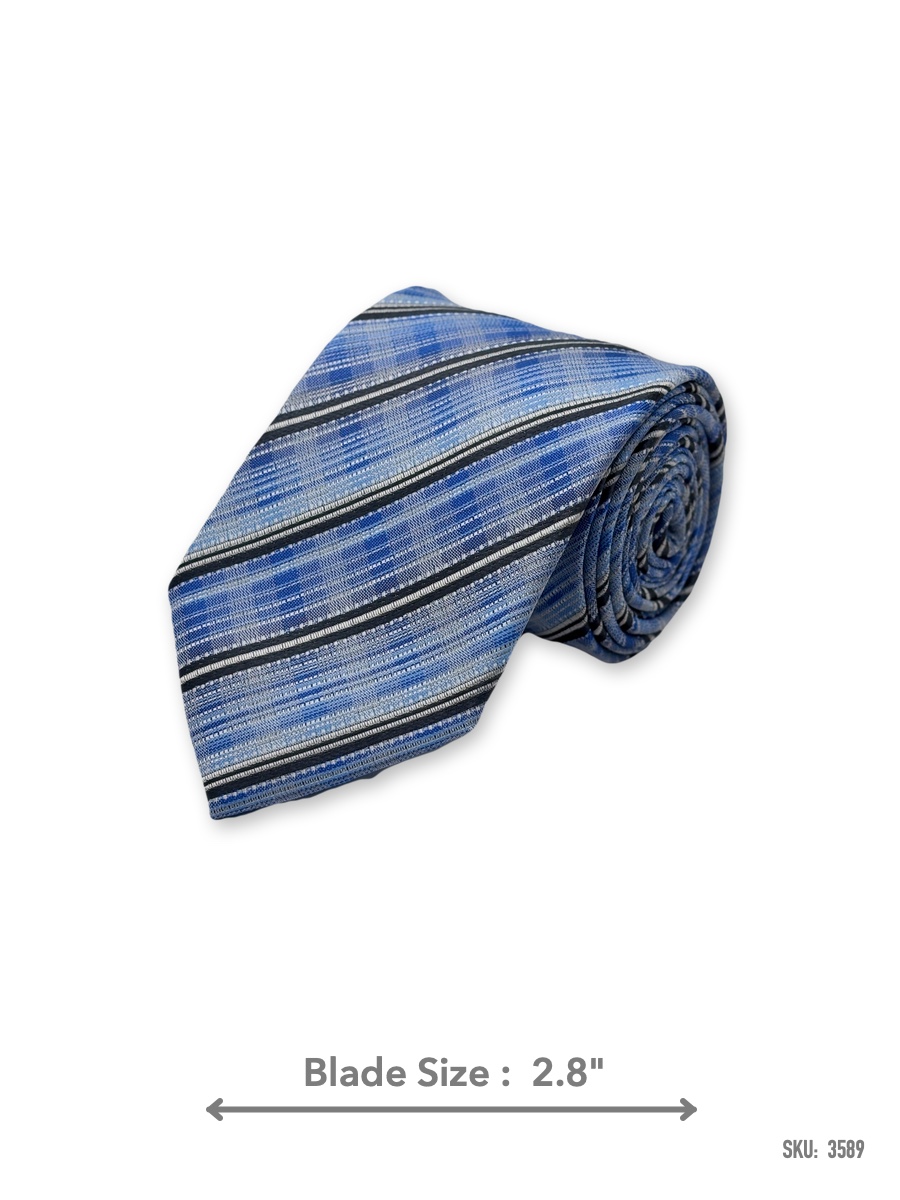 3589-1 Blue tie with grey and black diagonal stripes – rolled view