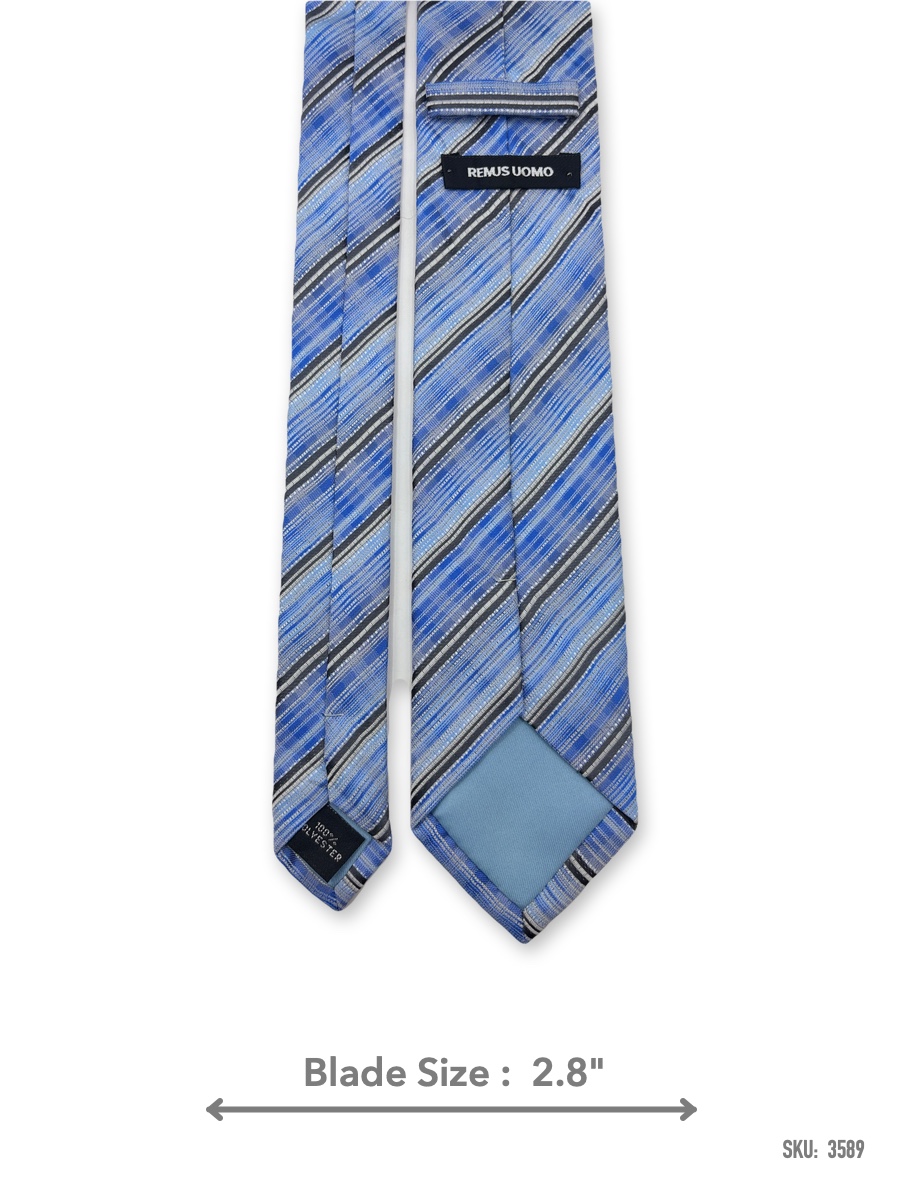 3589-2 Blue tie with grey and black diagonal stripes – back view showing label