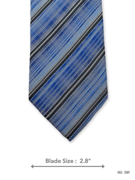 Blue tie with grey and black diagonal stripes – front blade view