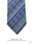 Blue tie with grey and black diagonal stripes – front blade view