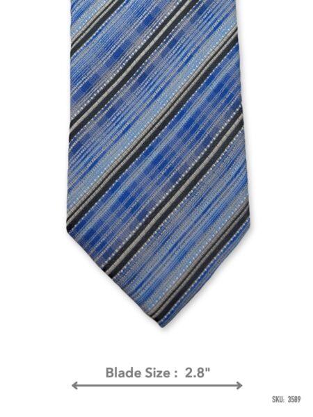 Blue tie with grey and black diagonal stripes – front blade view