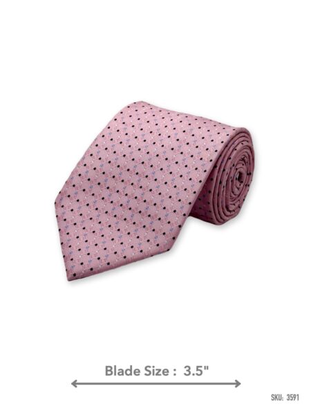 Pink tie with navy and light blue dot pattern – rolled view