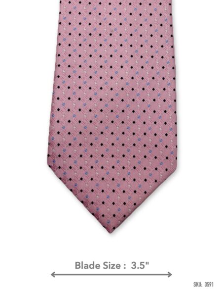 Pink tie with navy and light blue dot pattern – front blade view