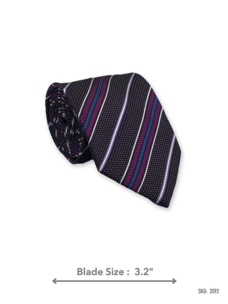 Dark purple tie with magenta, lilac, and blue diagonal stripes – rolled view