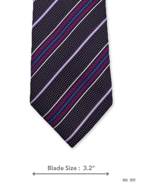 Dark purple tie with magenta, lilac, and blue diagonal stripes – front blade view
