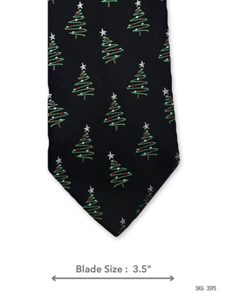 Black tie with green Christmas tree pattern – front blade view