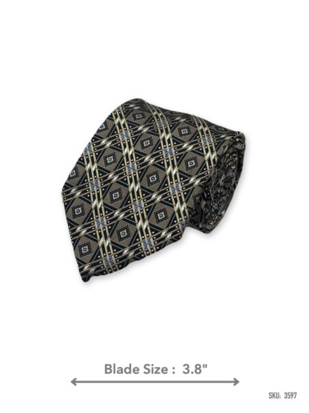 Olive silk tie with cream, black, and light blue geometric pattern – rolled view