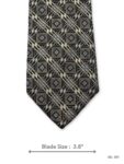 Olive silk tie with cream, black, and light blue geometric pattern – front blade view