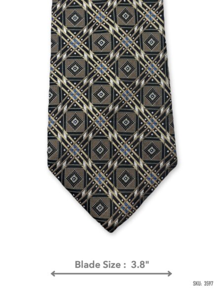 Olive silk tie with cream, black, and light blue geometric pattern – front blade view