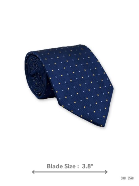 Navy blue silk tie with yellow and white dot pattern – rolled view
