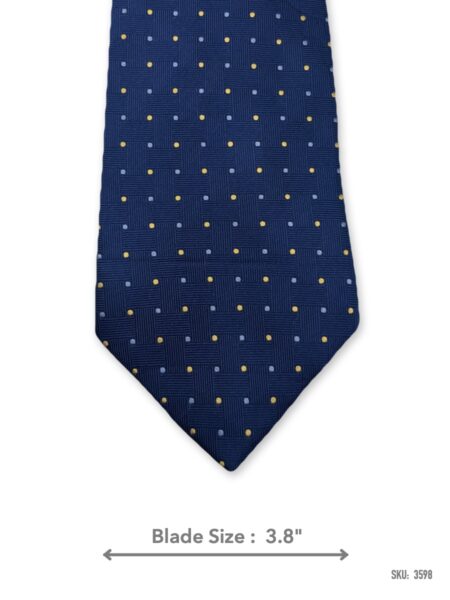 Navy blue silk tie with yellow and white dot pattern – front blade view