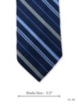 Navy blue tie with light blue and silver diagonal stripes – front blade view