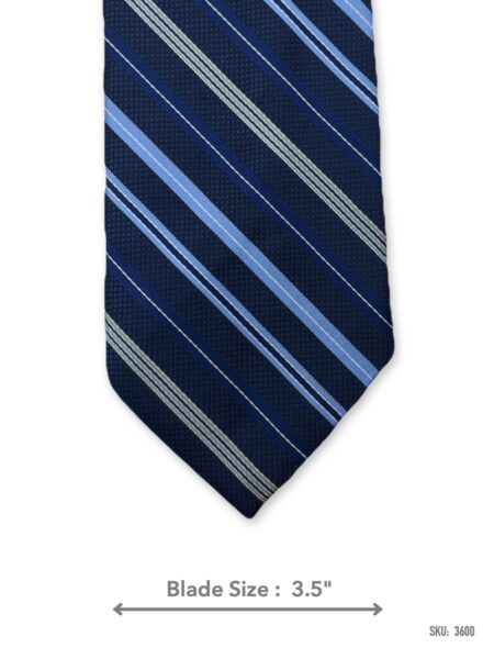Navy blue tie with light blue and silver diagonal stripes – front blade view