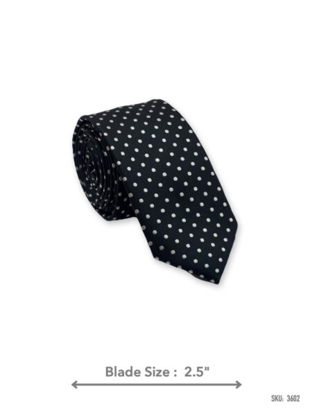 Black slim tie with white polka dot pattern – rolled view