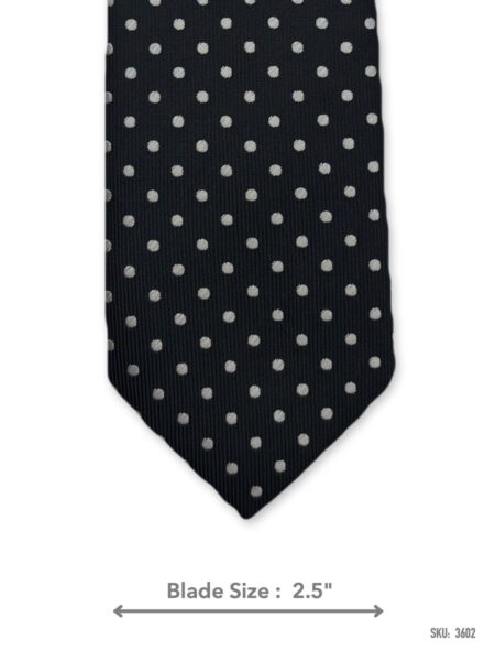 Black slim tie with white polka dot pattern – front blade view